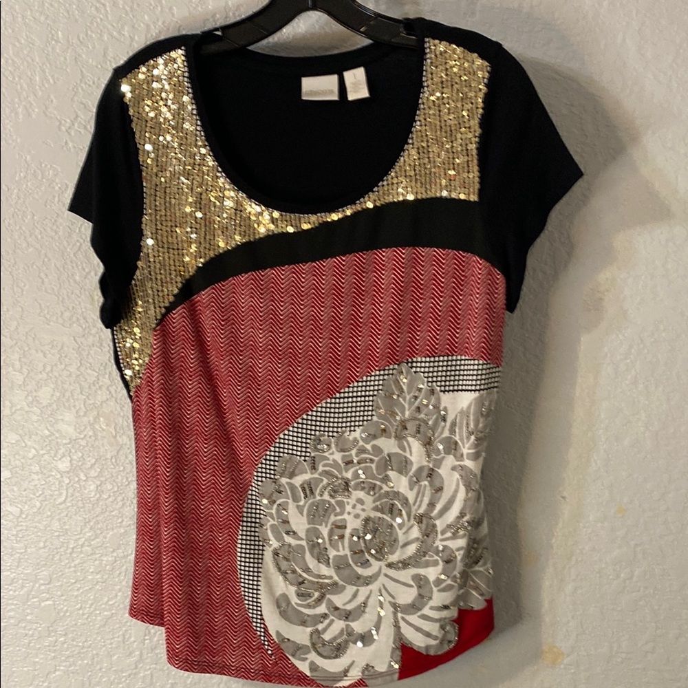 Chico’s Women’s Size 1 Short Sleeve Multicolor Sequin Floral Top Blouse Size 8